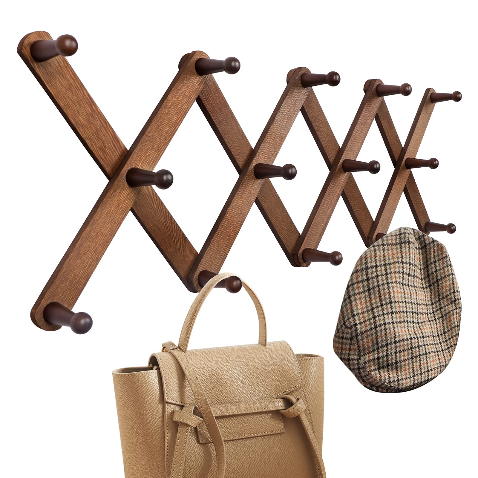 OROPY Wood Accordion Wall Hanger, Expandable Coat Rack Wall Mount with 14 Pegs, Expanding Hat Rack for Wall, X Shape, 27"×10", Walnut Color