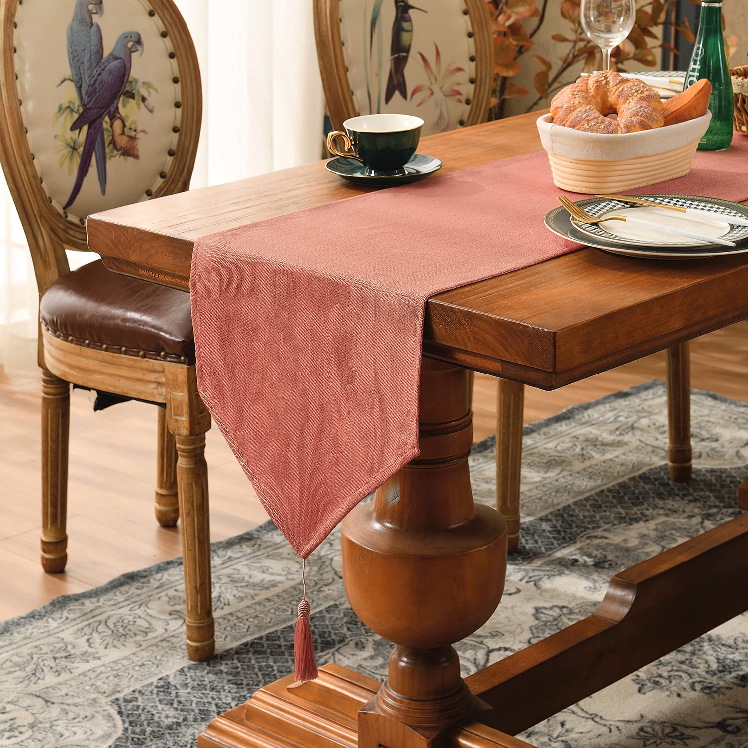 SEASHORE TREE Brilliant Faux Linen Table Runner Waterproof Kitchen Table Runners Dresser Scarf With Tassel for Wedding Party Holiday Dining Decor (Blood Orange 35×240 cm)