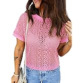 EVALESS Womens Spring Summer Tops Casual Lace Tops Crewneck Short Sleeve Shirts Cut Out T Shirts Sheer Crochet Beach Cover Up