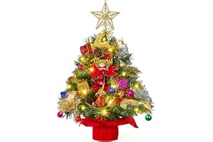 JOIEDOMI 24"/2FT Pre-lit Tree with Decoration Kit Artificial Christmas Tabletop Tree with 70 Branch Tips 30 LED Lights, Includes Star Topper Ornaments, Battery Operated Mini Tree for Indoor Xmas Decor