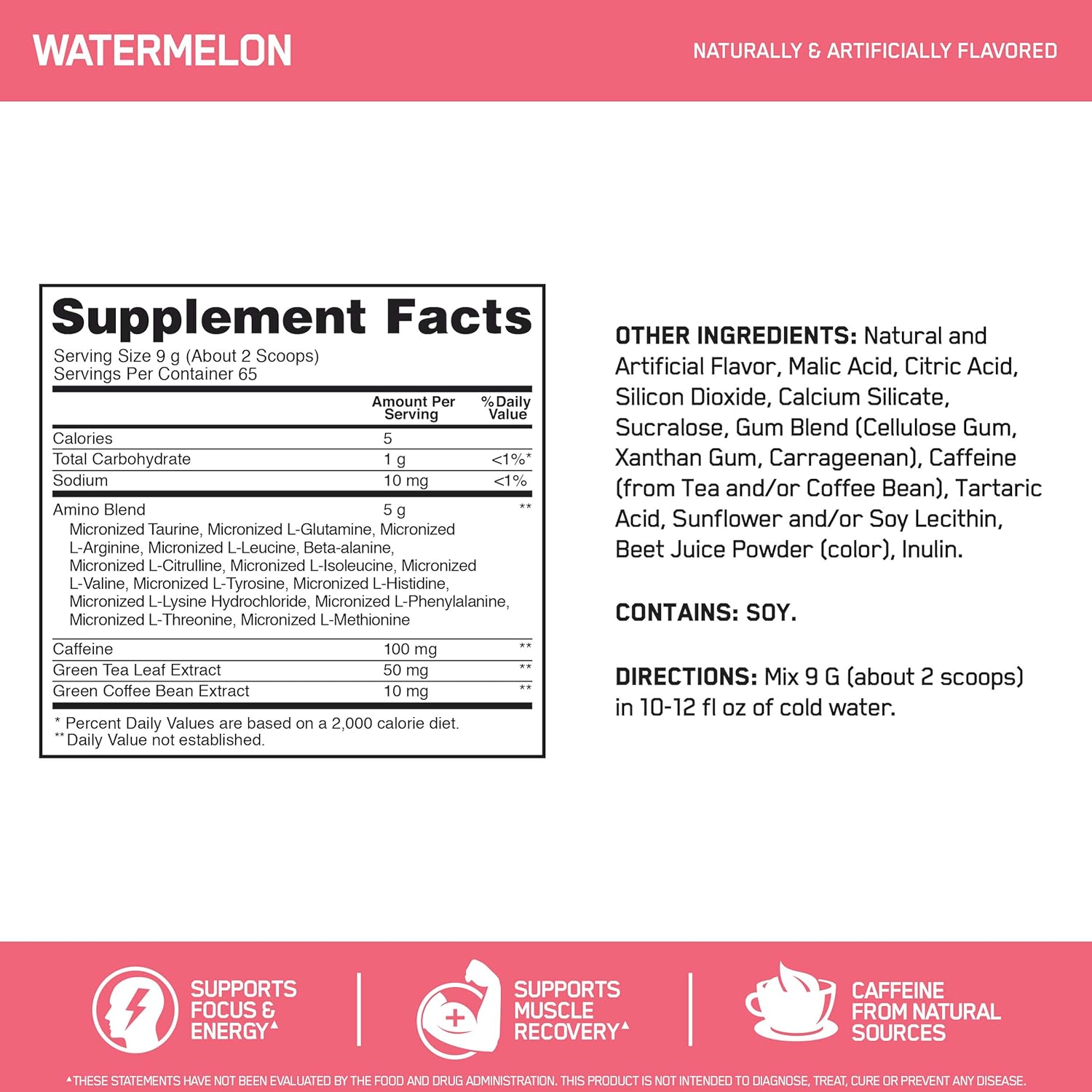 Optimum Nutrition Amino Energy - Pre Workout with Green Tea, BCAA, Amino Acids, Keto Friendly, Green Coffee Extract, Energy Powder - Watermelon, 65 Servings: Health & Personal Care