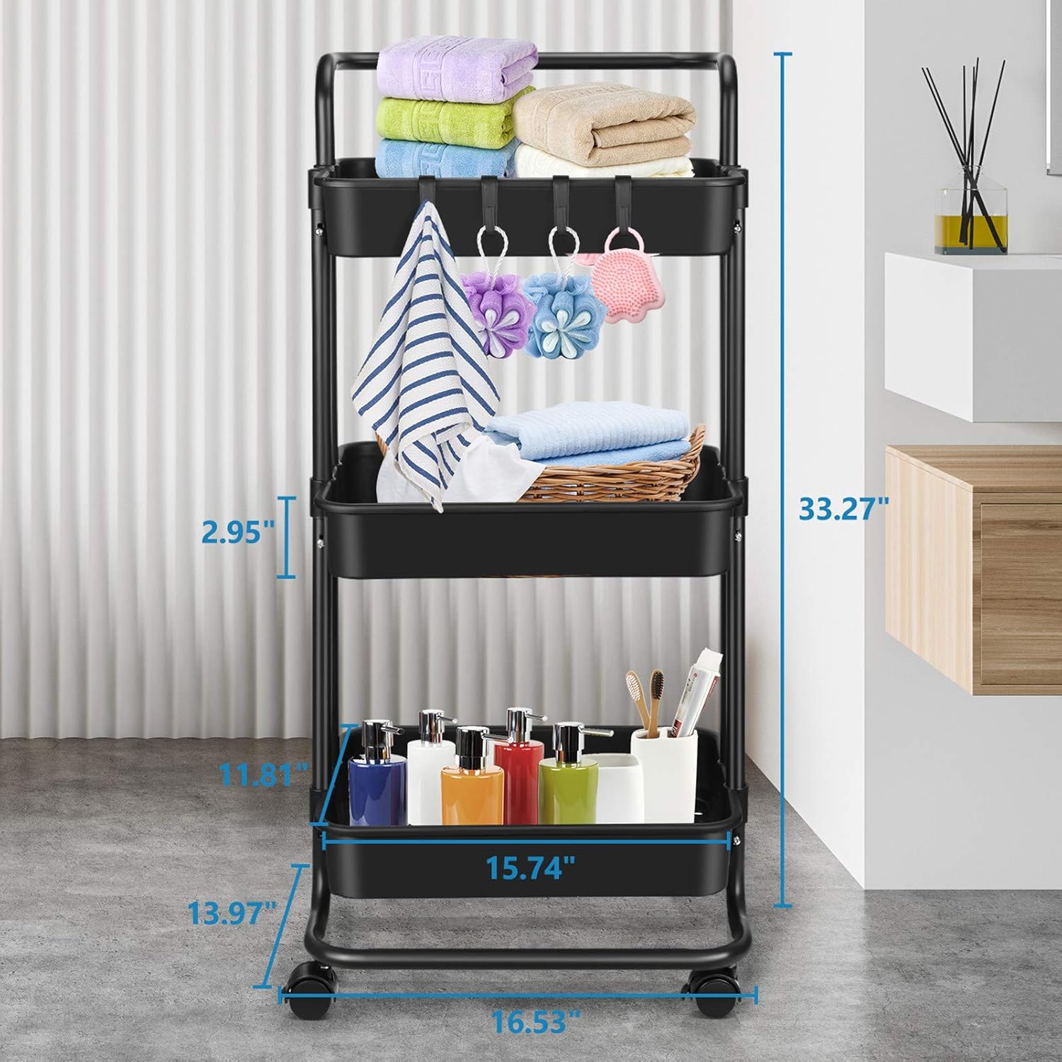 3 Tier Utility Rolling Cart - Organizer Cart Storage Cart Kitchen Cart Makeup Cart 3 Shelf Baby Tray Cart with Trolley Handles and Wheels Suitable for Bathroom Laundry Kids Room Bedroom Office (Black): Kitchen & Dining