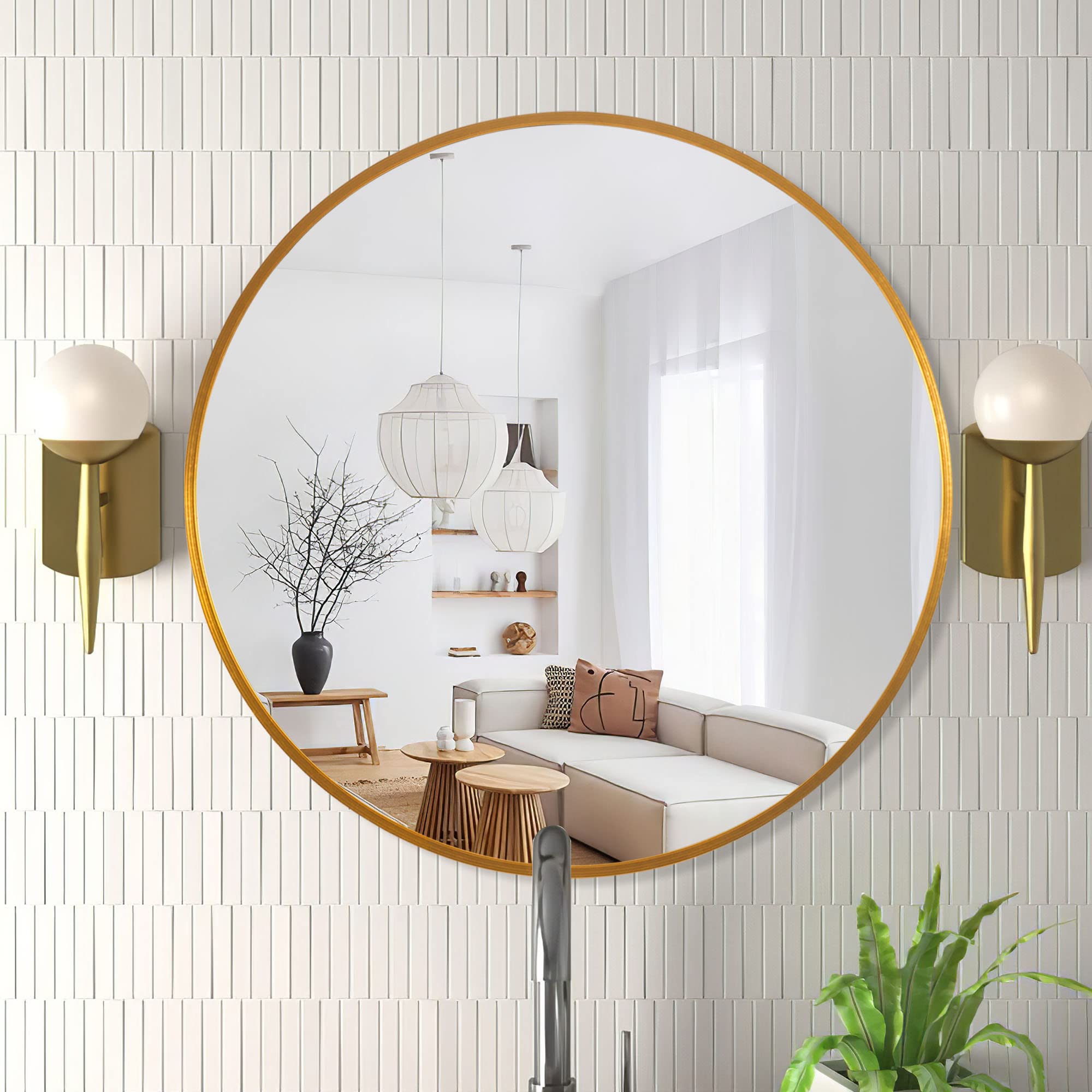 Photo 1 of Trvone Gold Round Mirror 24inch Circle Mirror Aluminum Alloy Frame Mirror for Wall Large Hanging Decorative Mirrors for Bedroom Bathroom Living Room Entryways (SUUS-LHJ-M60Y-G-S095)