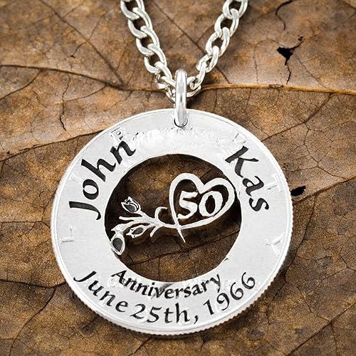 50 Ans Anniversaire Collier 50th Personnalise Cadeau Romantique Tout Annee Disponible 5 10 15 Hand Cut Coin Amazon Fr Handmade