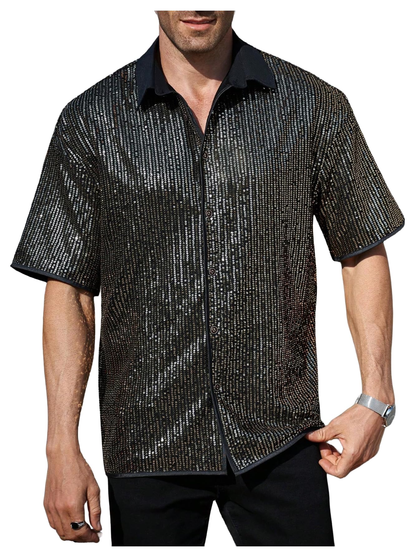 Photo 1 of OYOANGLE Men's Sequin Shiny Button Down Shirt Short Sleeve Collared Shirts Party Holiday Tops Dark Black X-Large