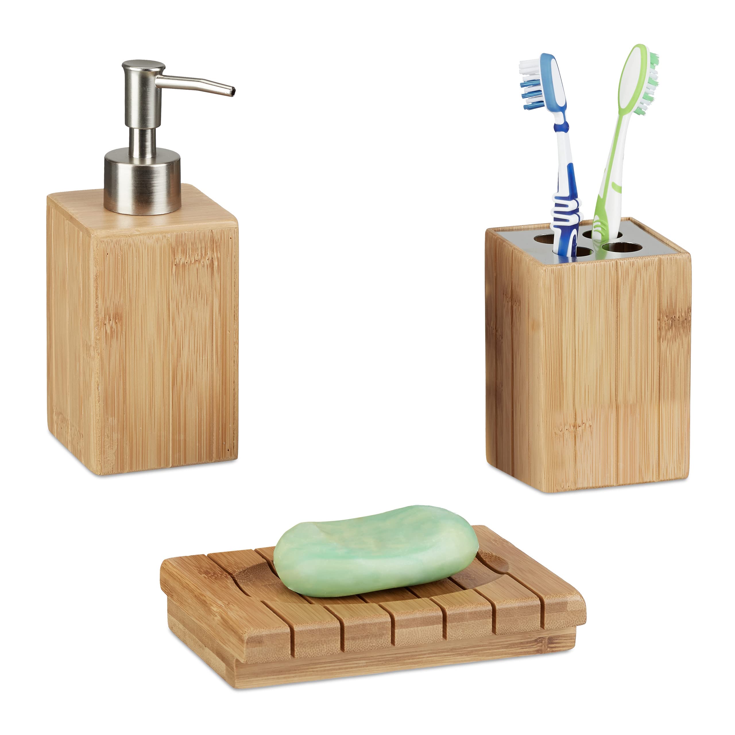 Relaxdays Bamboo Bathroom Accessories Set of 3, Soap Dispenser, Soap Dish and Toothbrush Holder, Natural