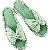 DL Women's Memory Foam Open Toe Slide Slippers with Cute Bow and Cozy Terry Lining, Slip-on House Shoes Spa Mules Sandals with Indoor Outdoor Rubber Sole