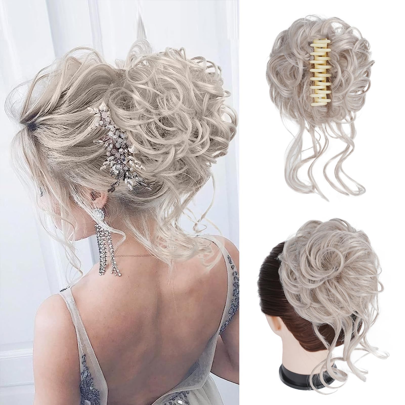 Photo 1 of Foaoit Messy Bun Hair Piece for Women - Wavy Curly Fake Hair Bun Extension, Tousled Updo Clip in Ponytail Extension, Natural Synthetic Hairpiece with Party Daily Wedding Beige Silver