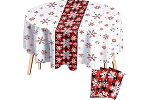 Potchen 3 Pcs Round Christmas Tablecloth 84 Inch Plastic Christmas Tree Snowman Snowflake Tablecloth Disposable Xmas Holiday Table Cover for Party Picnic Dinner Kitchen Decor (Snowflake)