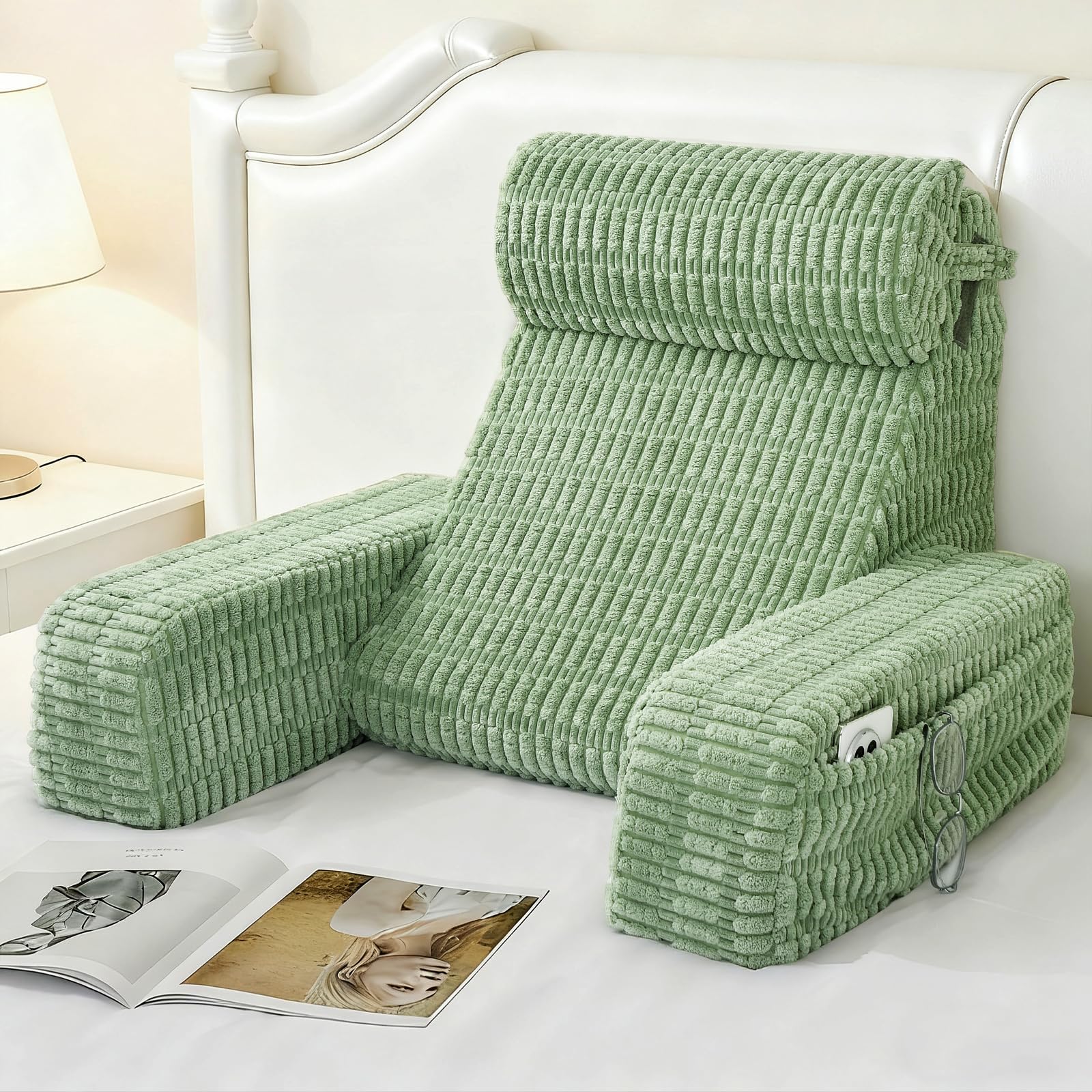 Photo 1 of Selectico 19" Reading Pillow for Bed with Built-in Arms & Large Pockets, Supportive Backrest Cushion for Reading, Resting, or Reclining, Washable Cover – Sage Green