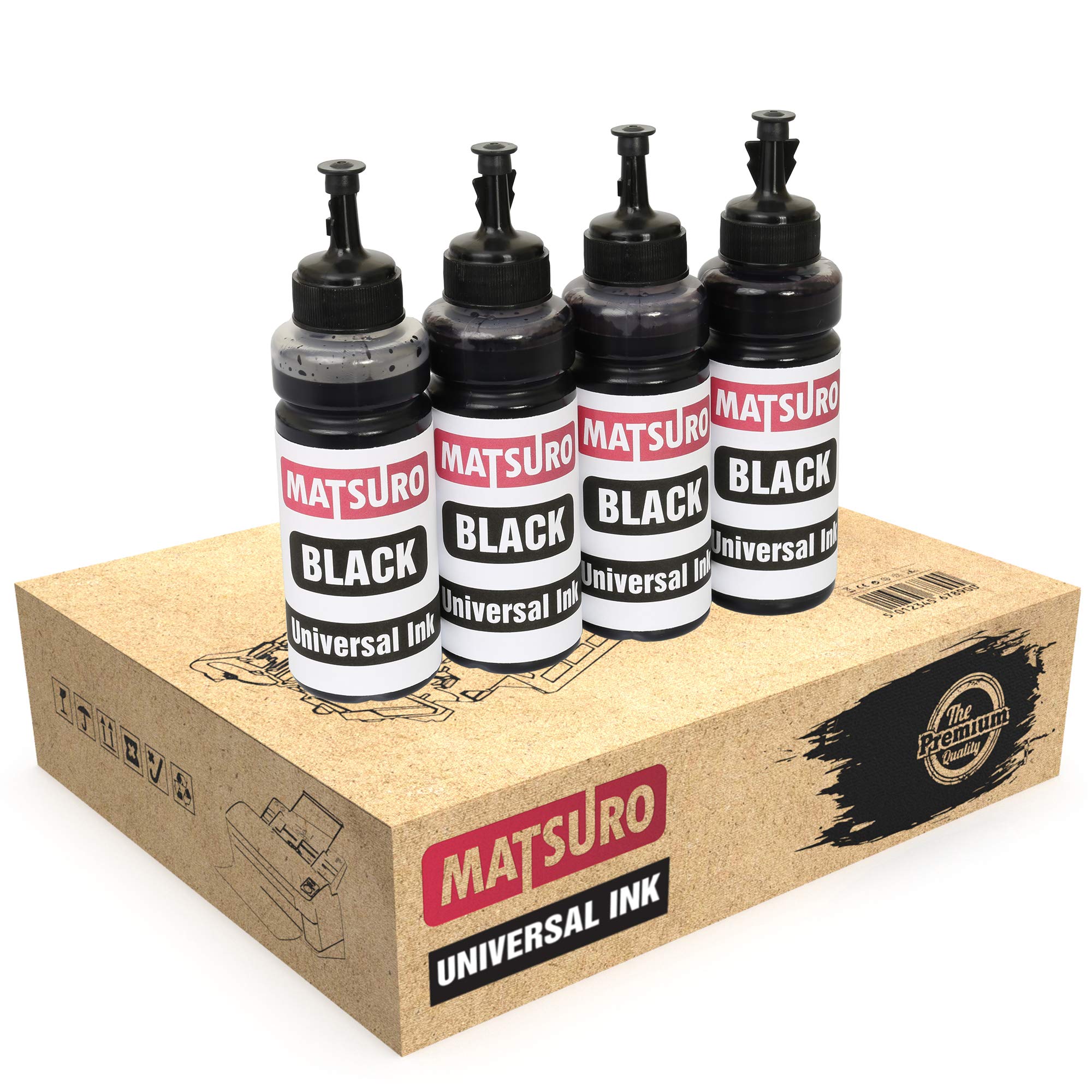 Matsuro Original | Compatible Universal Refill Ink Bottles Replacement for CANON HP EPSON BROTHER LEXMARK DELL RICOH (4 x 100 ml | 4 BLACK)