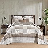Bedduvit 100% Cotton 120"x102" Oversized Queen Bedspreads - Extra Wide Reversible Patchwork Plaid Quilts Bedding Set, All Season Floral Bedspread Coverlet Set, 3 Pieces Bed Blanket, Brown/Gray/Beige
