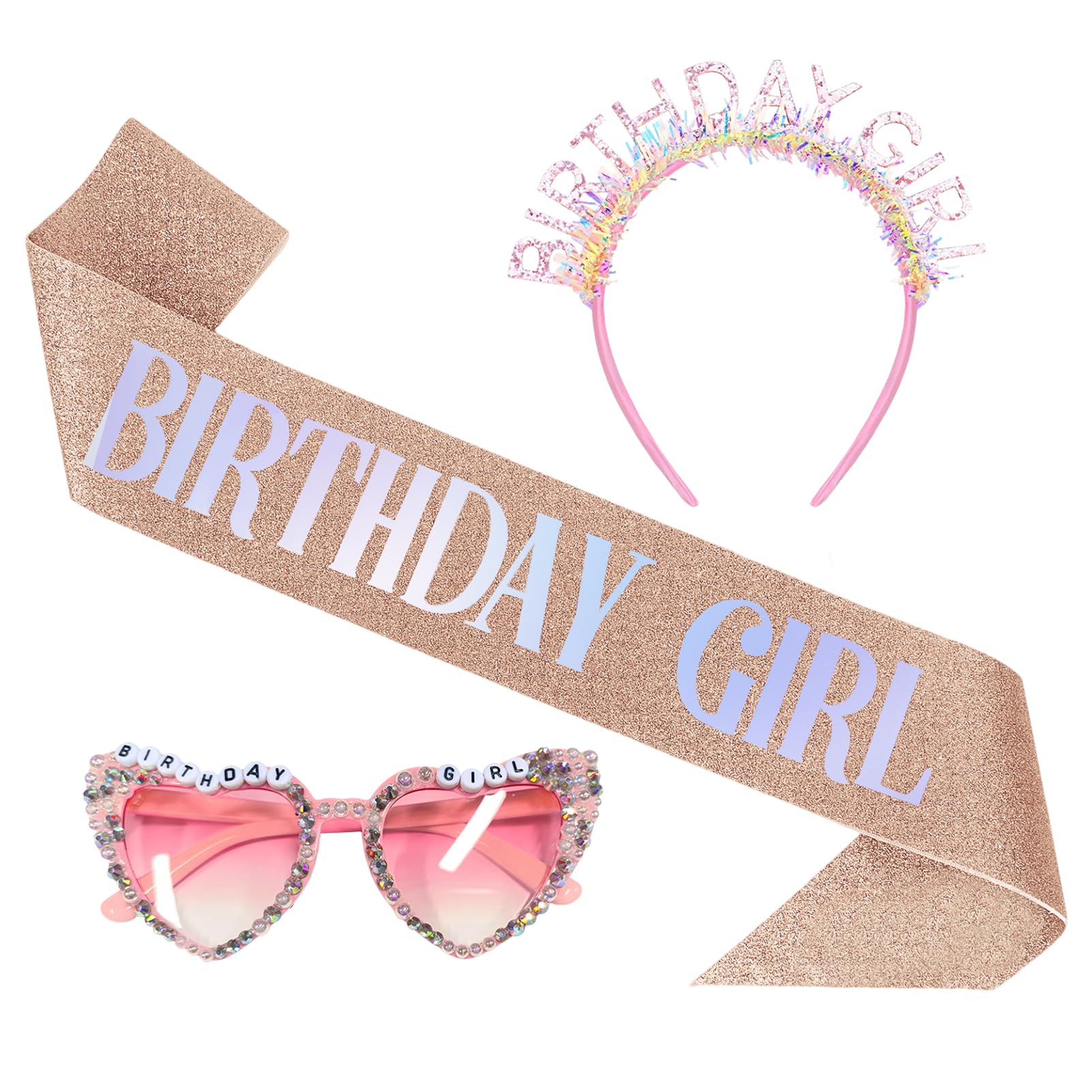Raveparty Birthday Girl Sash, Headband and Glasses, Happy Birthday Accessories for Women (Pink)