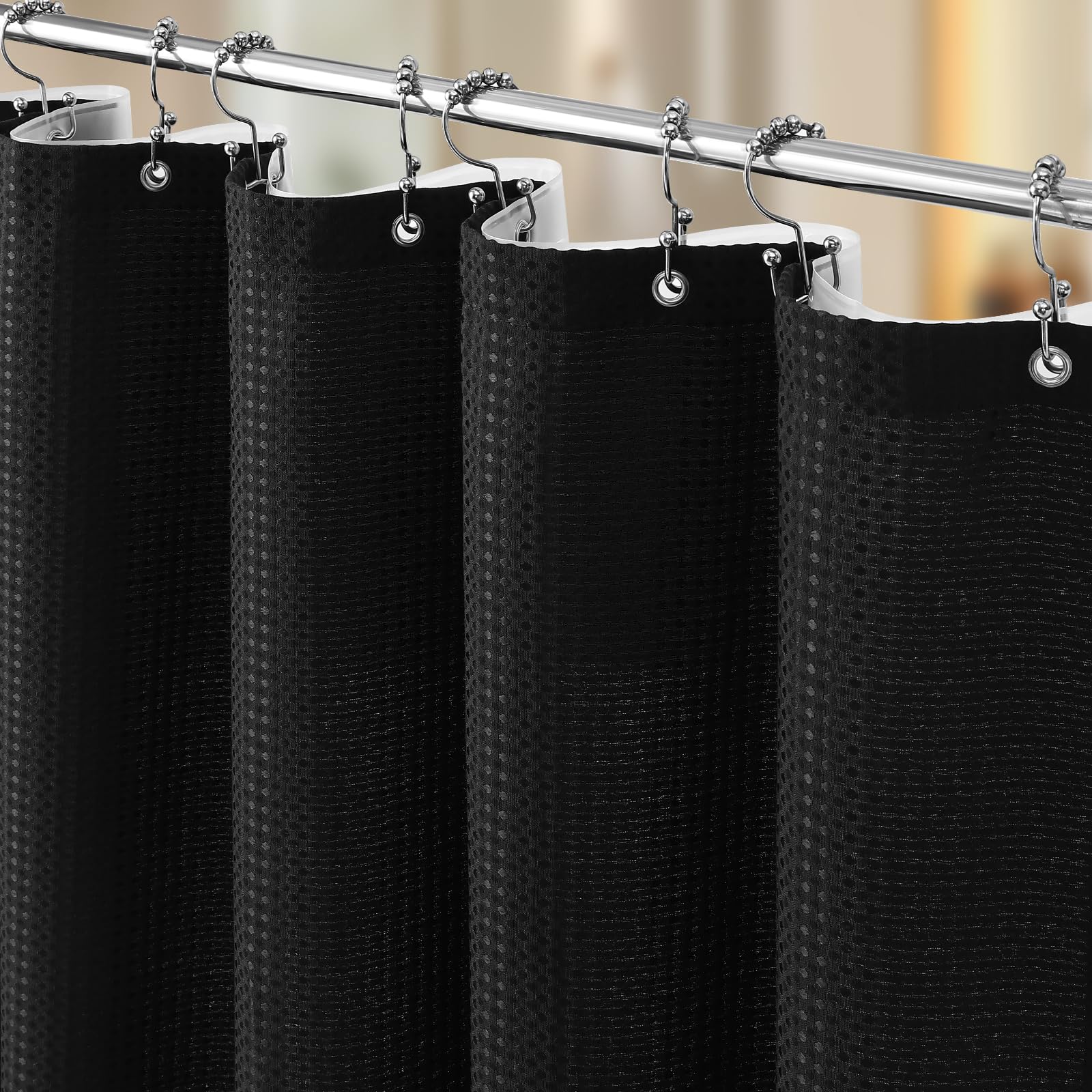 Photo 1 of Vipfree 3 in 1 Shower Curtain Set, Waffle Shower Curtain and Liner Set with 12 Double Sided Shower Curtain Hooks, 258GSM Luxury Weighted Cloth Shower Curtains for Bathroom, 72 W x 72 H, Black