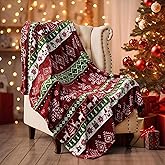DIYKST Christmas Throw Blanket with Snowflake and Reindeer Pattern, Red Green White Holiday Design