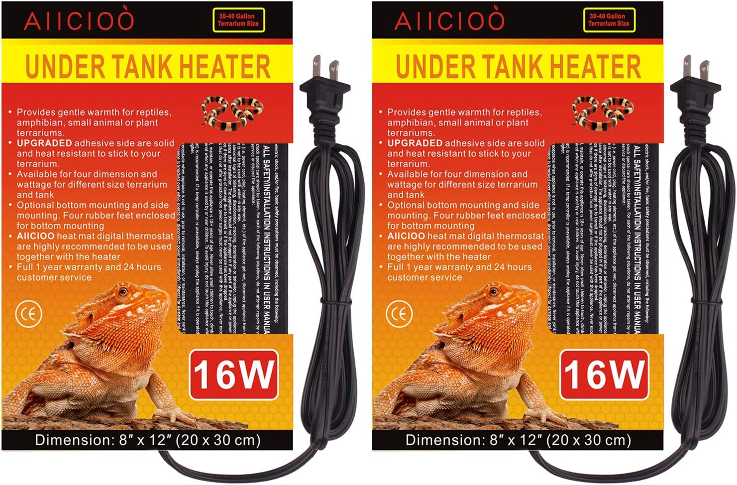 Aiicioo Reptile Heating Pad - Hermit Crab Heater Heat Mat for Reptiles Snake Lizard Terrarium 16 Watt 2Pack