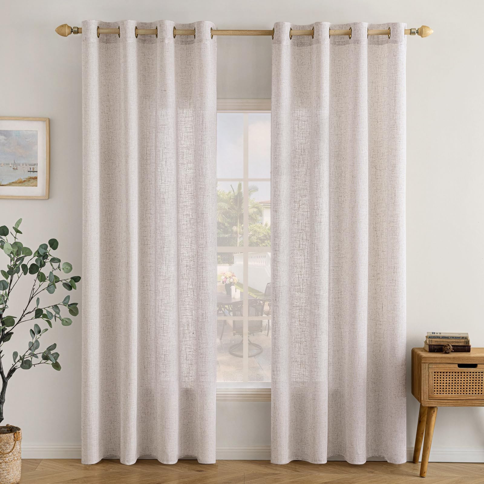 EMEMA Linen Curtain with Eyelets, Linen Look Voile Curtain, Modern Semi-Transparent for Living Room, Kitchen Curtains, Tab-Top Curtain, Children's Room, Set of 2, 140 x 215 cm, White