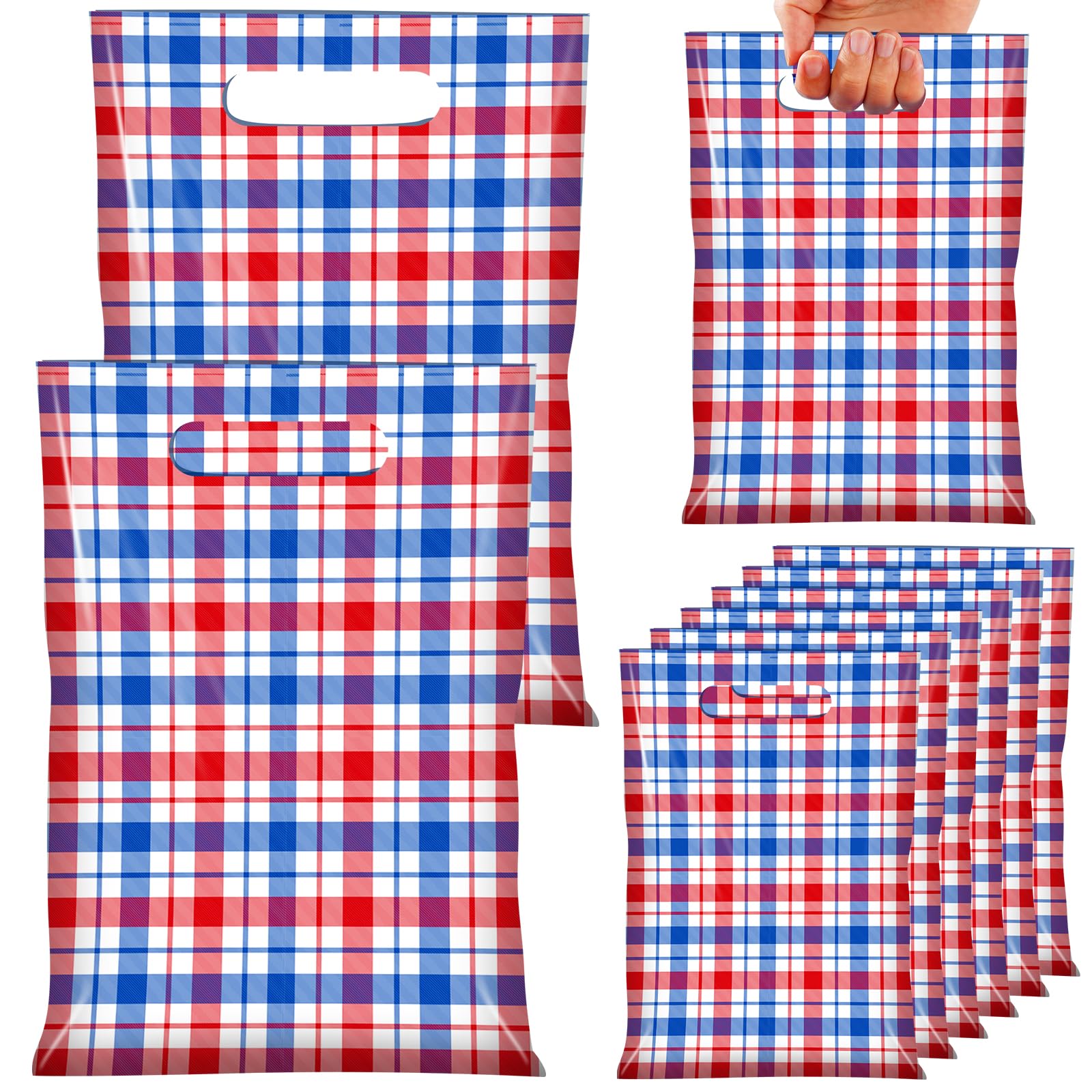 Photo 1 of 50 Pcs Memorial Day Gift Bags Bulk Decorations,Plastic Blue White Red Plaid Candy Bags with Handles American Patriotic Party Favors for 4th of July Independence Day Retirement Birthday Party Supplies