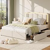 IDEALHOUSE Full Size Bed Frame with 2 Storage Drawers and LED Lights, Beige | Upholstered Platform Full Bed with Adjustable Headboard, Wooden Slats Support, No Box Spring Needed, Noise Free