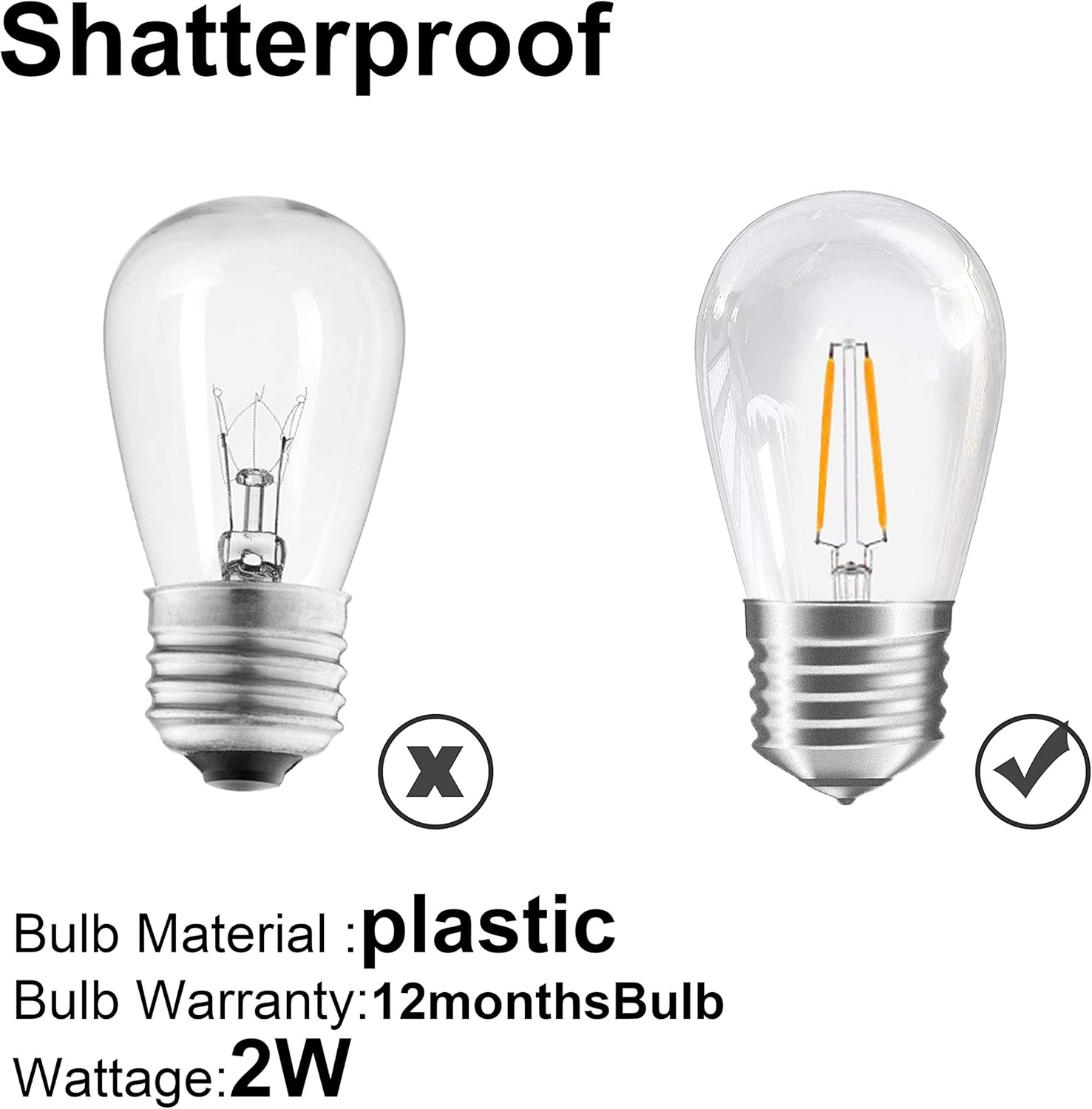 addlon LED Outdoor String Lights 48FT with 2W Dimmable Edison Vintage Plastic Bulbs and Commercial Grade Weatherproof Strand - UL Listed Heavy-Duty Decorative LED Café Patio Light , Porch Market Light: Home Improvement