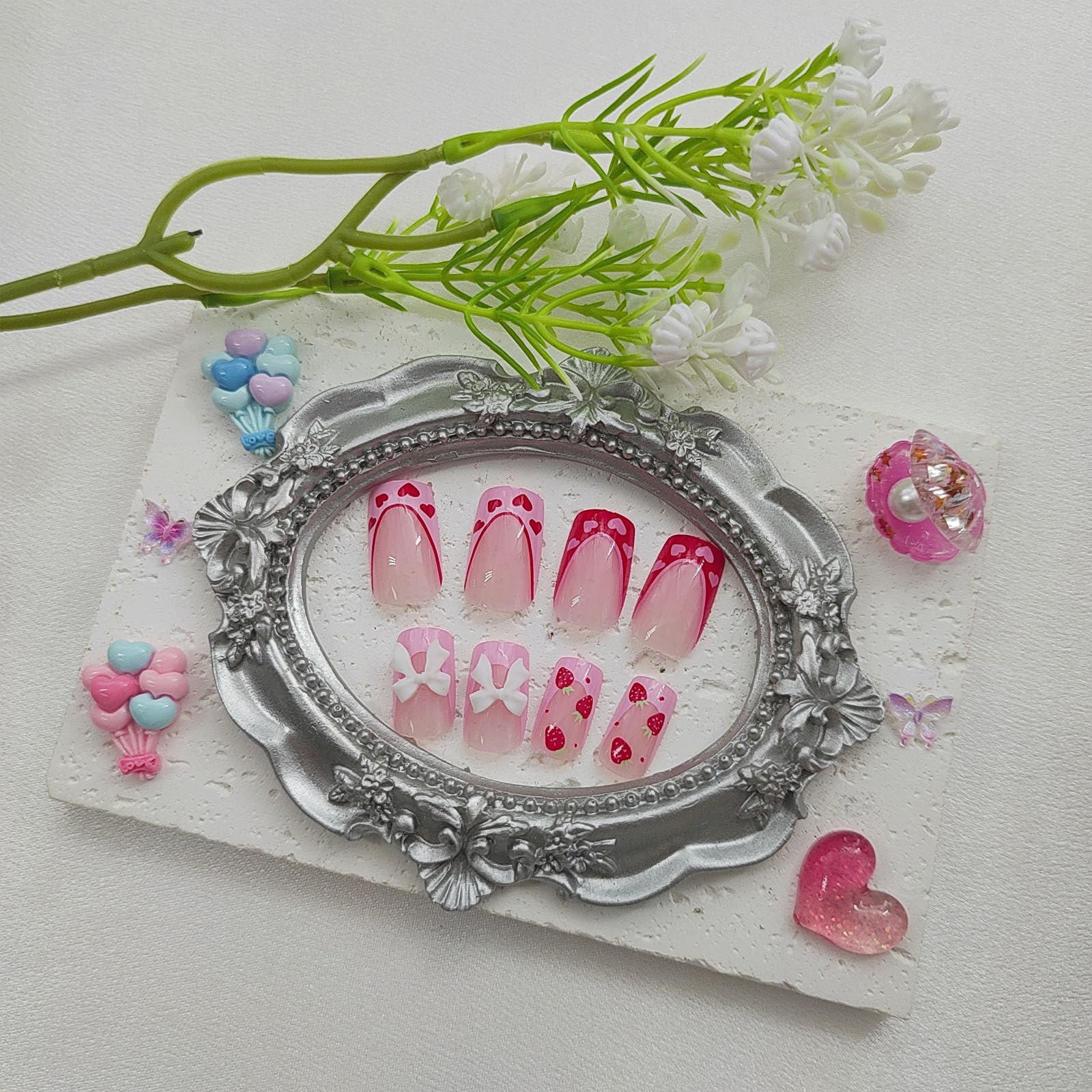 Press on Nails Square Medium Fake Nails with Heart Bow Strawberry Designs Glossy Glue on Nails Pink Red French Tip Acrylic Nails False Nails Stick on Nails for Women 24Pcs - Image 3