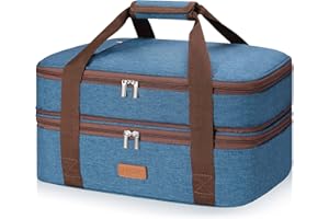 LHZK Double Decker Insulated Casserole Carrier for Hot or Cold Food, Expandable Hot Food Carrier, Lasagna Holder Tote for Potluck Parties, Picnic, Beach, Fits 11 x 15 or 9 x 13 Baking Dish (Blue)