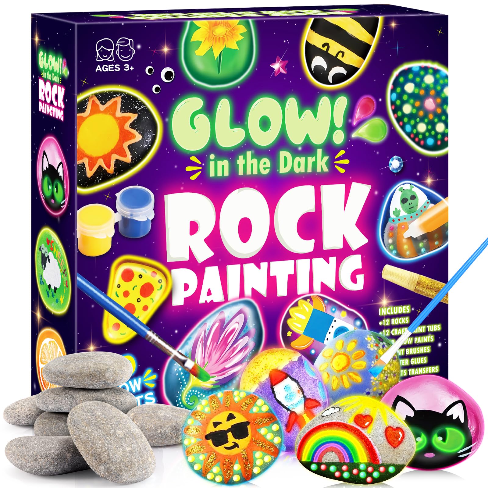 Glow Rock Painting Kit, Arts and Crafts for Kids Age 5 6 7 8 9 10 Easter Gifts for Kids Easter Crafts for Girls Boys Age 6-12 Glow in The Dark Painting Set for Girls Toys Gifts for 6-12 Year Old Girls