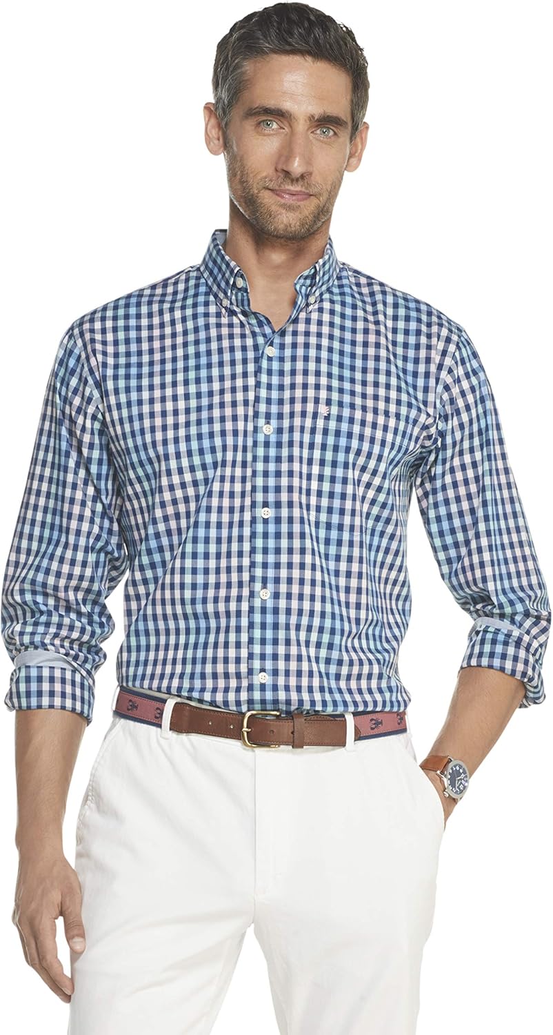 IZOD Men's Button Down Long Sleeve Stretch Performance Gingham Shirt at  Men’s Clothing store