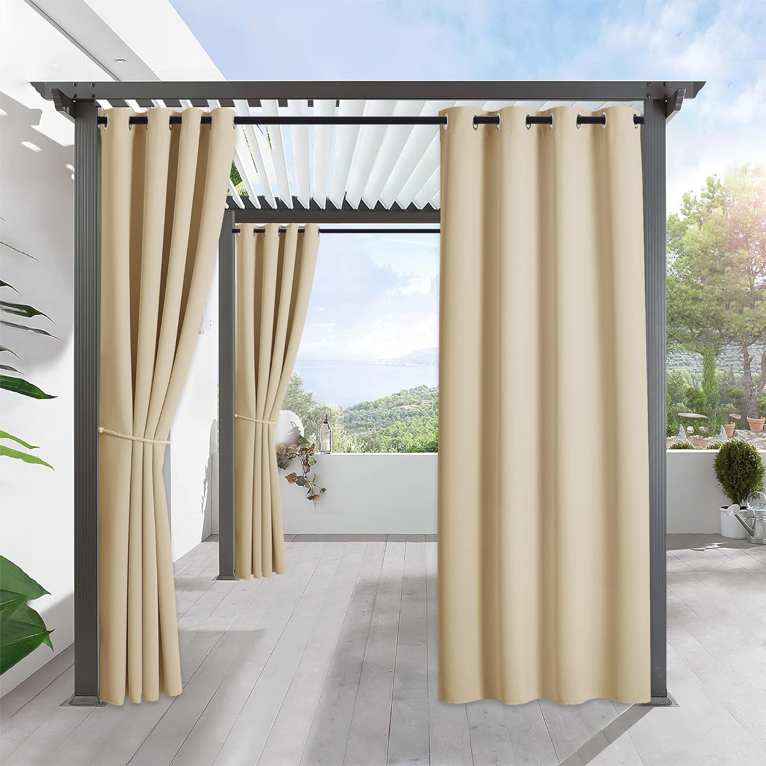 Outdoor Curtains - RYB HOME Outdoor Patio Curtains - Waterproof Weighted Porch Curtains Outside Curtain for Farmhouse Cabin Pergola Cabana Corridor Terrace, 1 Panel, W 52 x L 95 inches, Biscotti Beige