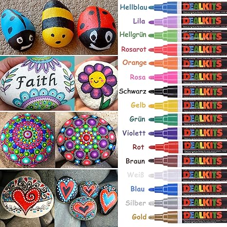 Dealkits 16 Farben Wasserfeste Stifte, Permanent Marker Paint Pen Schnelltrocknend für Stein Schwarzes Papier Glas Kunststoff