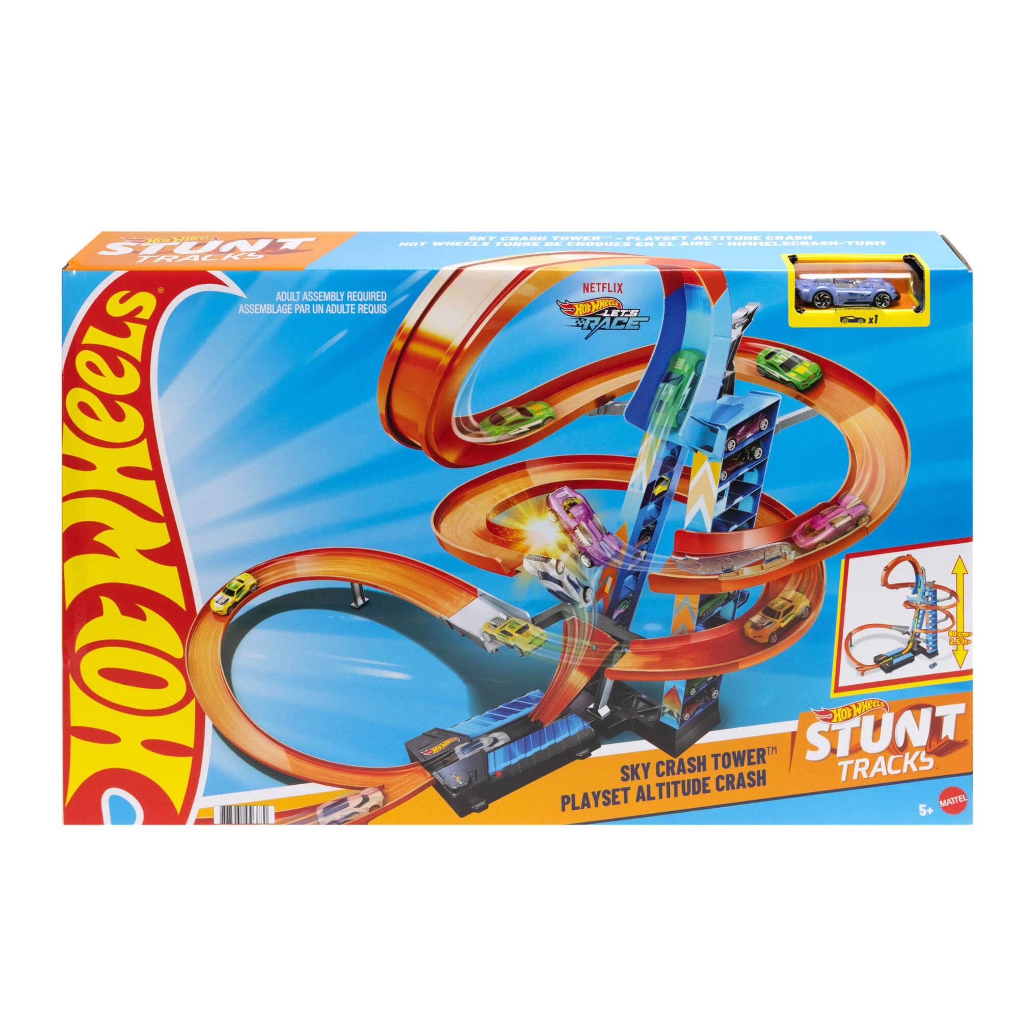 Hot Wheels - Sky Crash Tower Track Set, 2.5+ ft / 83 cm High with Motorized Booster, Orange Track & 1 Hot Wheels Vehicle, Race Multiple Cars, Gift for Kids 5 to 10 Years Old & Up, GWT39