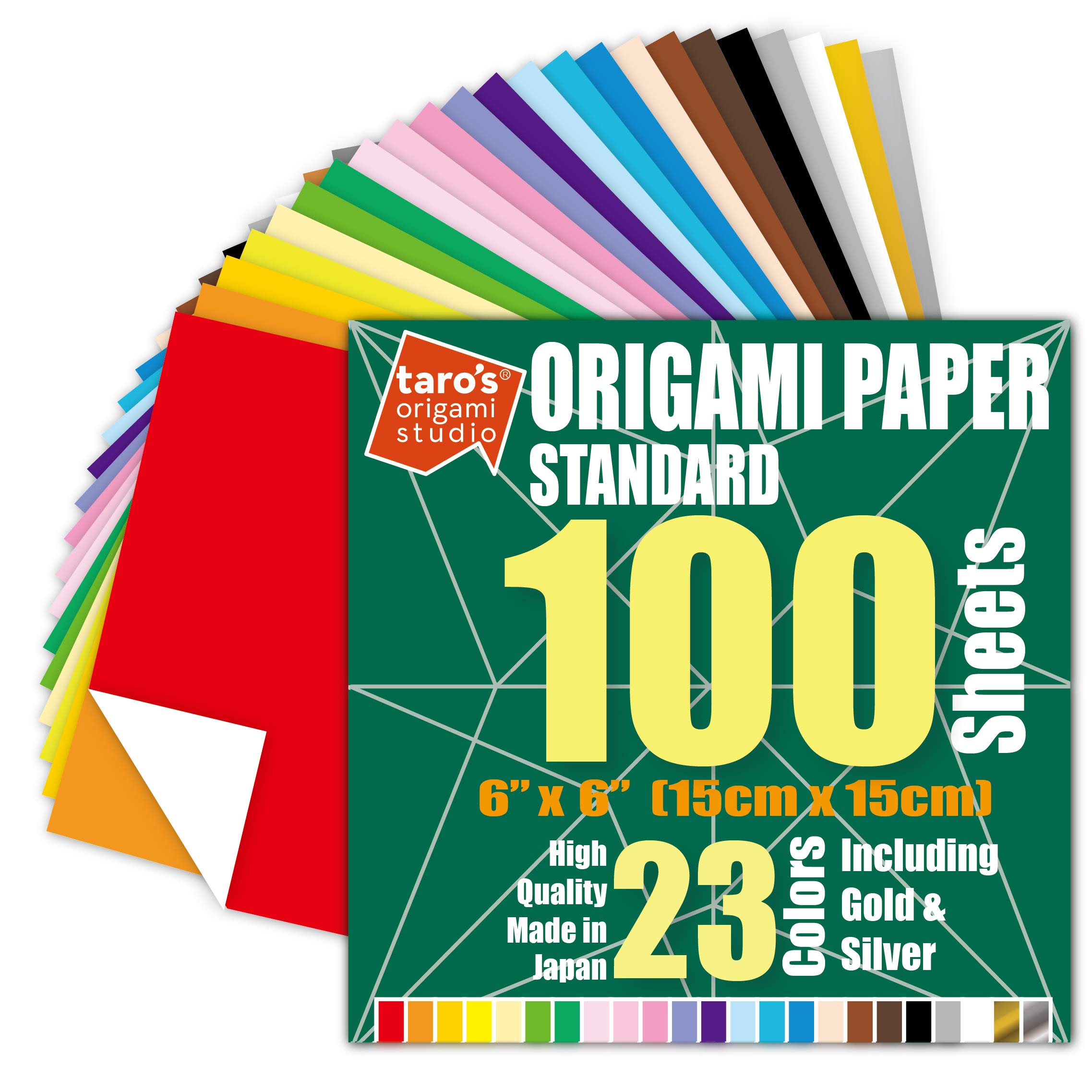 Photo 1 of [Taro's Origami Studio] Standard 6 Inch One Sided 23 Colors 100 Sheets Square Easy Fold Premium Japanese Paper for Beginner (Gold and Silver Included)
