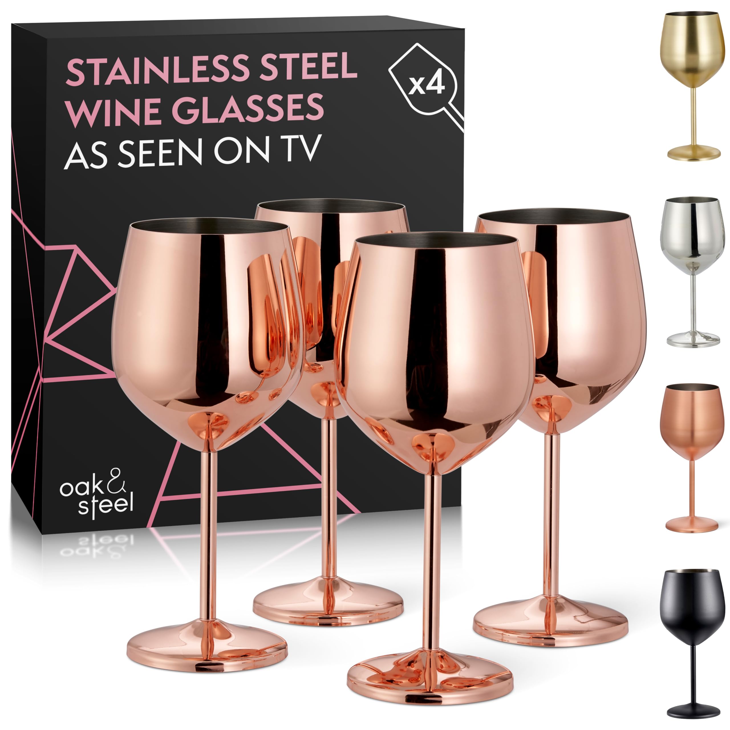 Oak & Steel - 4 Large Stainless Steel Wine Glasses in Copper Rose Gold, 500ml - Unbreakable & Elegant Glass Gift Set for Weddings, Anniversary, Birthday Party