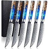 SENKEN Damascus Steak Knife Set - Tsunami Collection - 67-Layer Japanese VG10 Steel - Razor Sharp Non-Serrated Blades, Blue Resin & Natural Wood Pattern Handles, Luxury Gift Box (6 Steak Knife Set)
