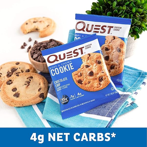 QUEST NUTRITION PROTEIN COOKIE, CHOCOLATE CHIP, 15G PROTEIN, 4G NET CARBS, 250 CALS, 2.08OZ COOKIE, SINGLE SAMPLE, HIGH PROTEIN, LOW CARB, GLUTEN FREE, SOY FREE