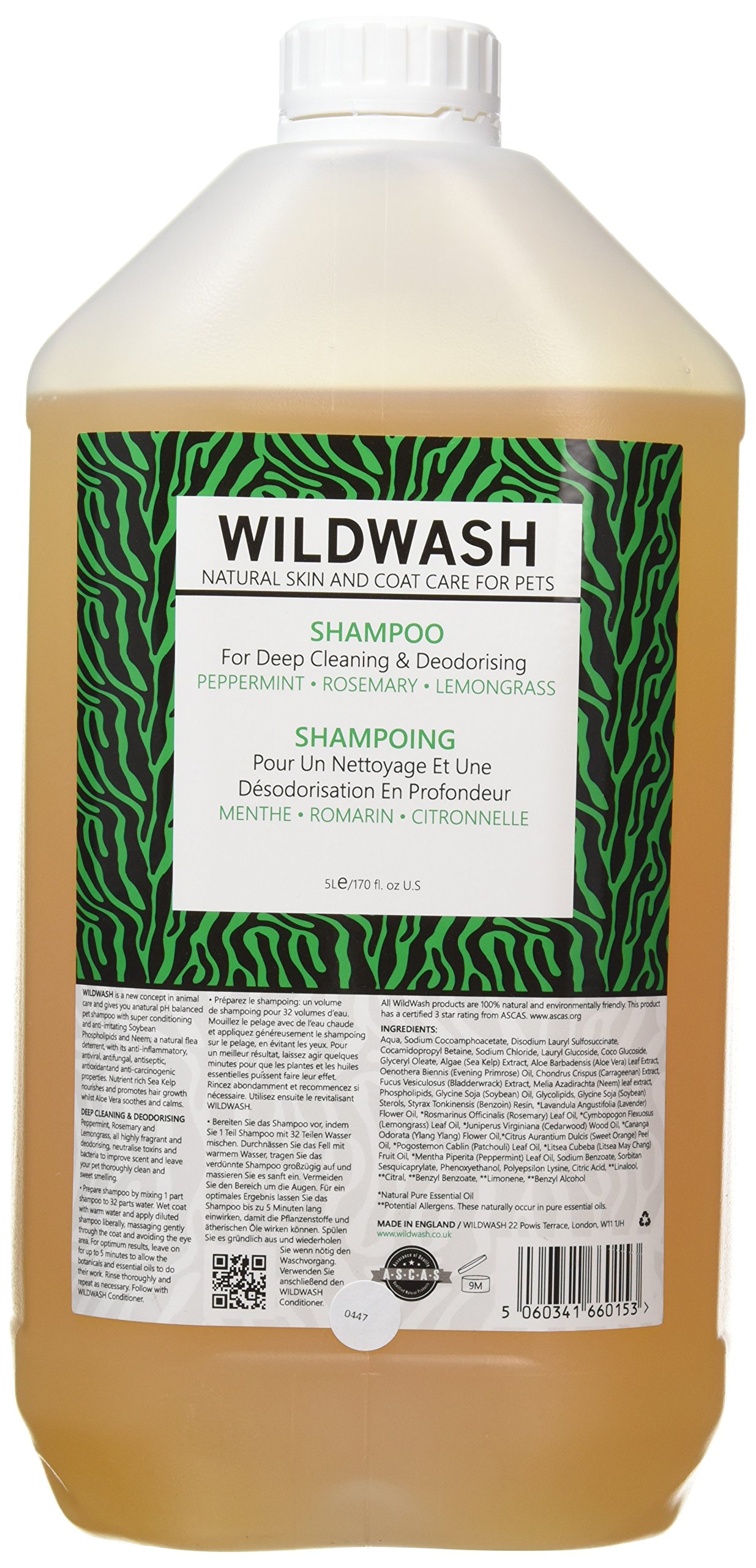 WildWash Deep Clean Shampoo for Dogs 5ltr - Peppermint and Rosemary for Clean Smelling Hair, Eradicates All Odours Even Fox Poo - Natural, Sulphate and Paraben-Free for Sensitive Skin — image 1
