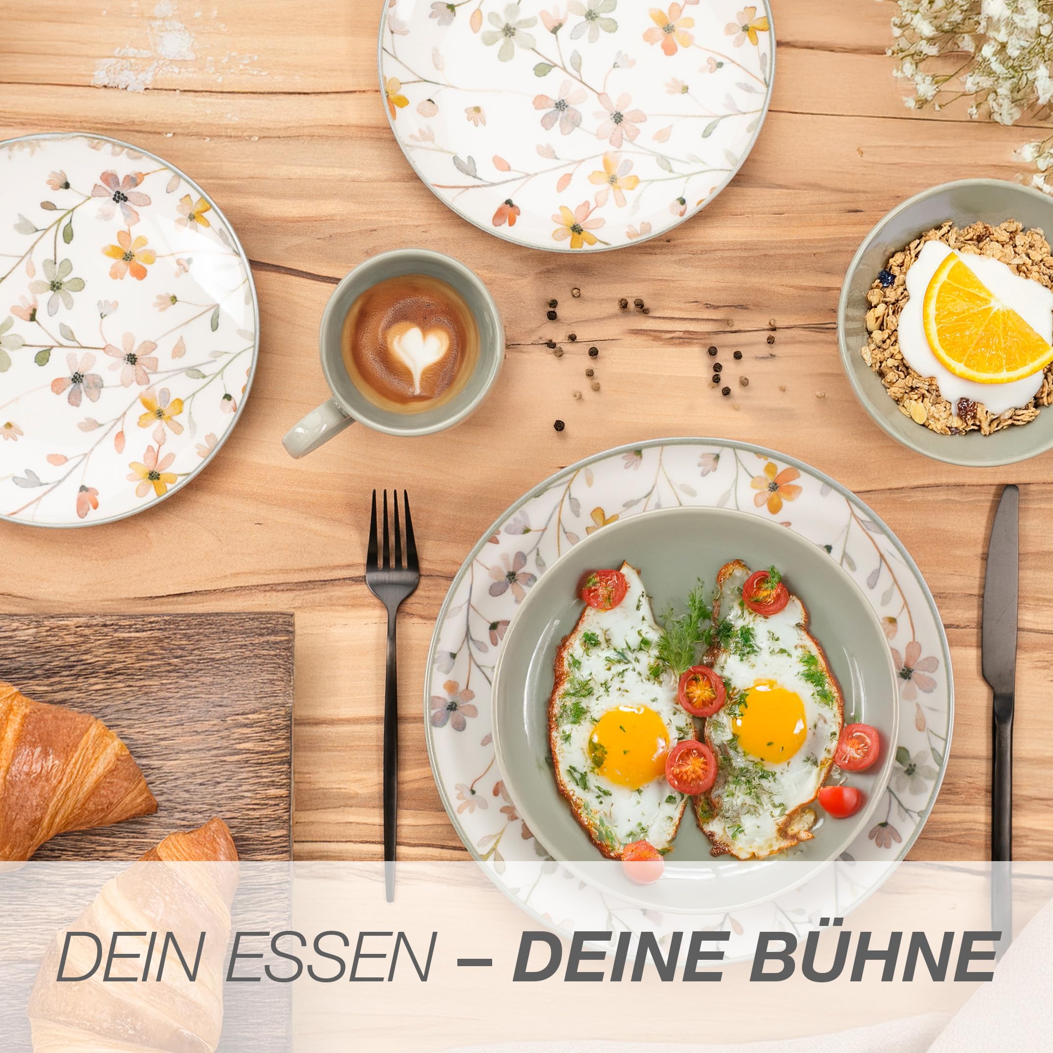 Moritz & Moritz PRIMAVERA Steingut Geschirrset 6 Personen 24-tlg. - Modernes Tafelservice mit verspieltem Design, Pflegeleichtes Kaffeeservice mit Teller Set, Schüsseln & Tassen - Kombiservice 6