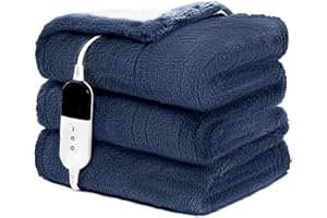 BENFOX Heated Blanket Twin 62"×84"- Cosy Soft Electric Blanket with 6 Heating Levels, Fast Heating Faux Fur & Sherpa Blanket for Couch & Bed - Auto Shut-Off - Machine Washable (Blue)