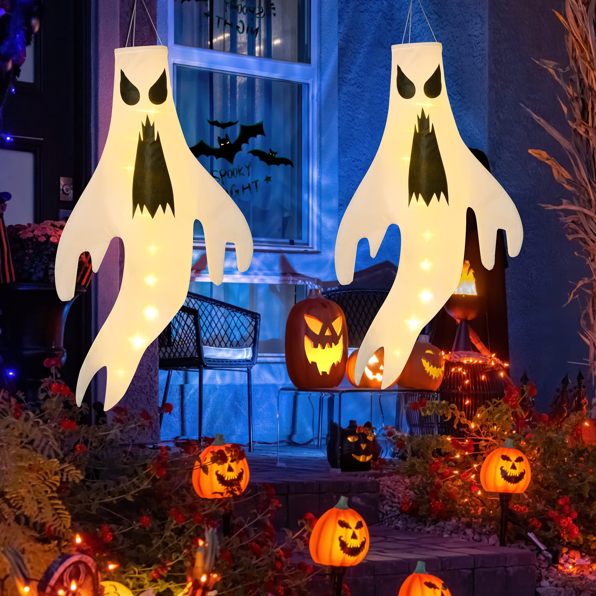 Solpex Scary Ghost Windsocks 2Pcs - Hanging Windsock Flag With Warm Lights for Outdoor Indoor Garden Home Yard Halloween Party Supplies