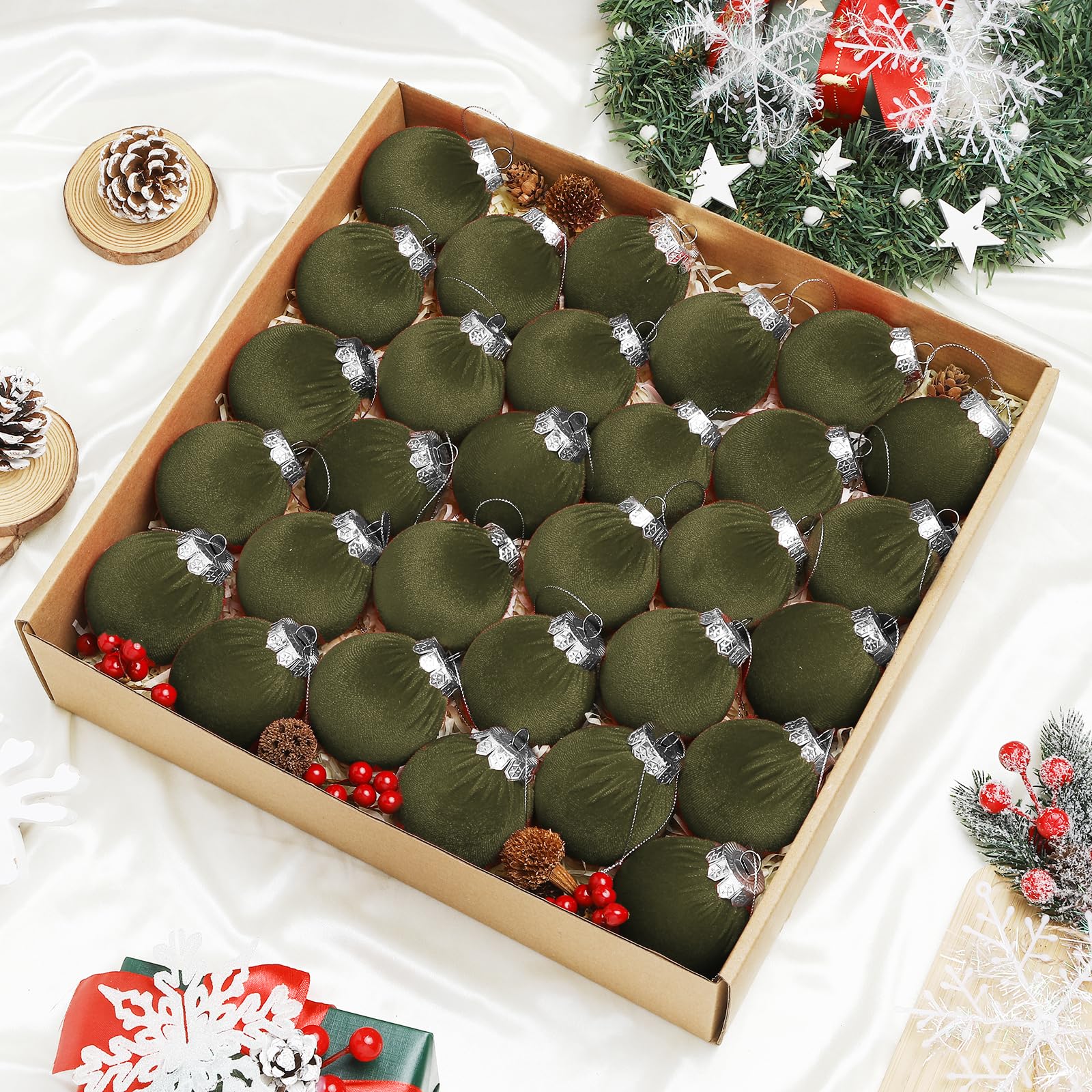 Photo 1 of Velvet Christmas Balls Set 30pcs Olive Green Velvet Christmas Tree Ornaments Shatterproof Xmas Hanging Balls Decorative Hanging for Xmas Holiday Family Home Store Indoor Decor 2.4inch