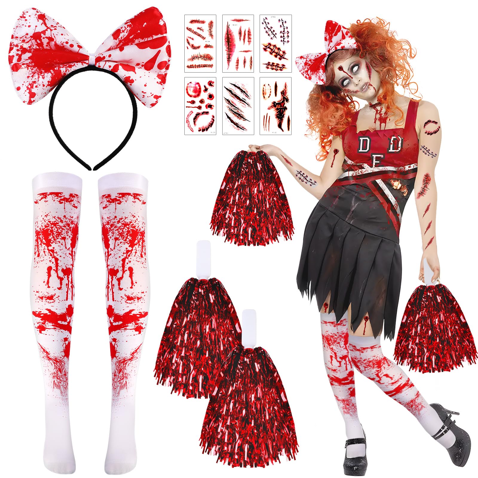 DPKOW Halloween Zombie Cheerleader Costume Accessories for Kids Girls Woman, Dead Cheerleader Poms Poms Stockings Hairband with Blood Scar Temporary Tattoos for Halloween Carnival Cosplay Accessories