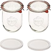 Weck Tulip Jars 1 Liter - Large Sourdough Starter Jars with Wide Mouth, Glass Lids and Keep Fresh Covers - Suitable for Canning and Storage (2 Pack)