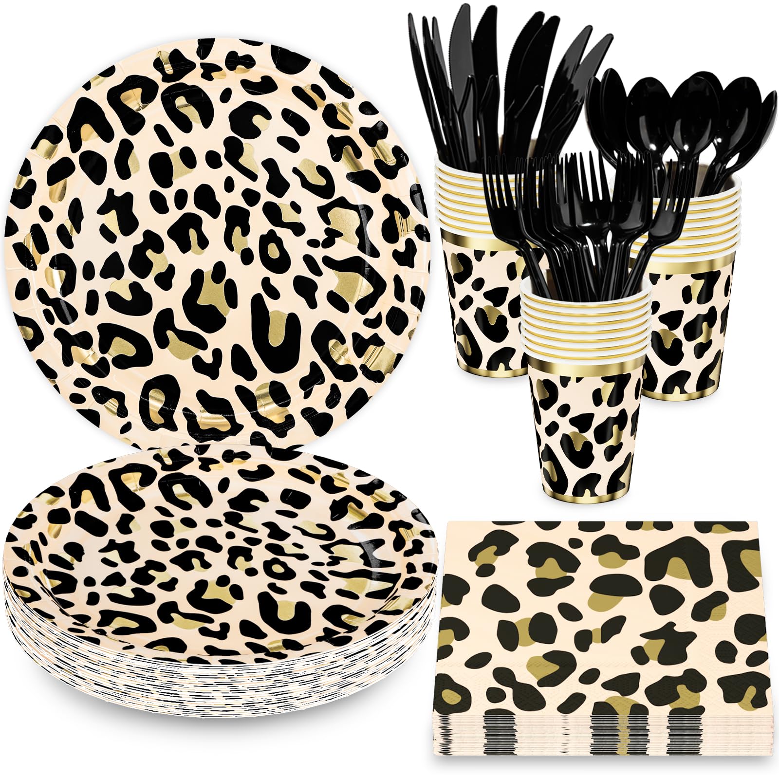 Photo 1 of ***MISSING PIECES*** DYLIVeS Animal Leopard Print Party Supplies Pack, Jungle Safari Cheetah Print Birthday Party Decorations Zoo Disposable Tableware, Animal Paper Plates Napkins Cups and Cutlery (Serves 24), 144 PCS