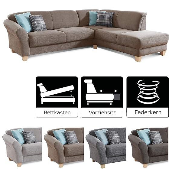 CAVADORE Ecksofa Gootlaand mit Ottomane rechts / Große Couch im Landhausstil / Inkl. Vorziehfunktion und Bettkasten / Mit Fed