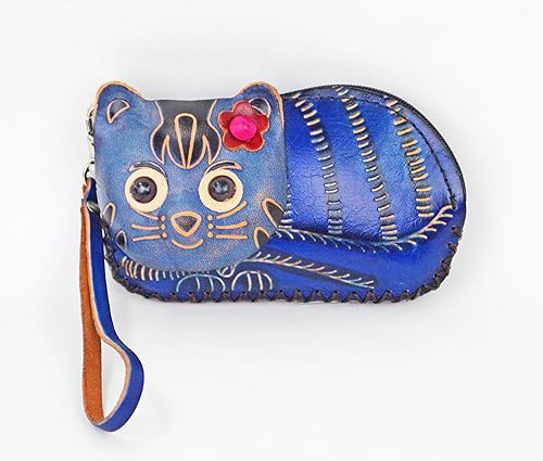 Amazon アニマルポーチ 牛革ポーチ 小銭入れ 猫 6色 かわいい おしゃれ ギフト プレゼント 手作り お財布 ハンドメイド アジアン雑貨 青 小銭入れ