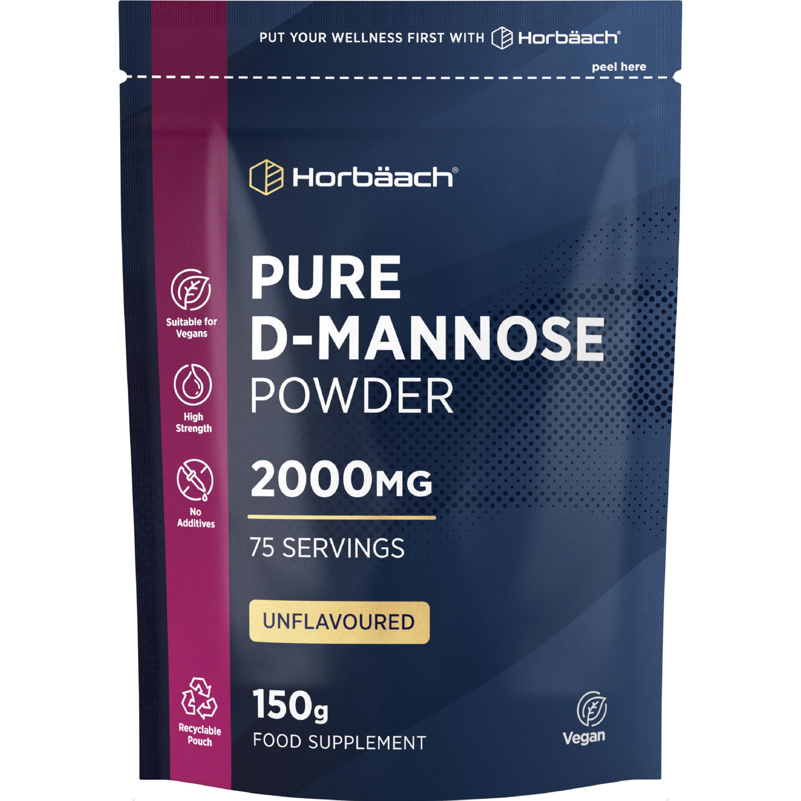 D Mannose Pure Powder 150g | 2000mg | Unflavoured | Natural & Filler Free | Vegetarian & Vegan Friendly | High Strength Food Supplement | by Horbaach