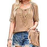 Falechay Womens Summer Tops Sexy Boho Off The Shoulder Shirts Crochet Lace Half Sleeve Blouses Flowy Crewneck Tie Front Tunic