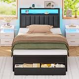 Furnulem Twin Bed Frames with Charging Station and LED Lights, Grey Upholstered Headboard with Shelves, Metal Platform Bed with 2 Under-Bed Storage (Fabric Drawer on Wheels), No Box Spring Needed