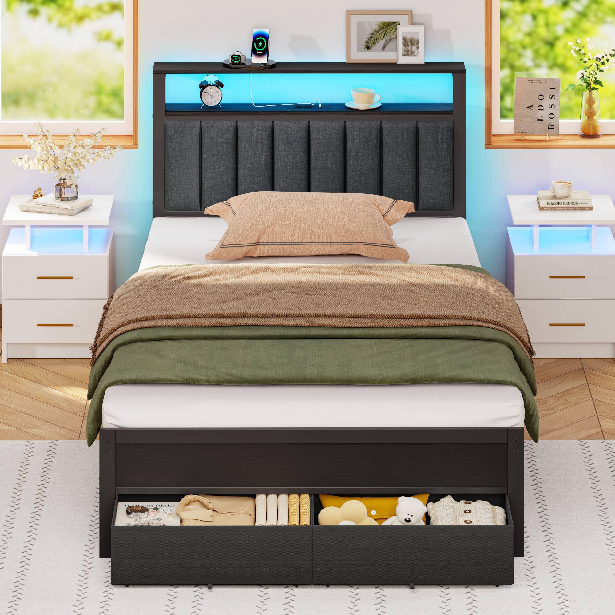 Photo 1 of Furnulem Twin Bed Frames with Charging Station and LED Lights, Grey Upholstered Headboard with Shelves, Metal Platform Bed with 2 Under-Bed Storage (Fabric Drawer on Wheels), No Box Spring Needed