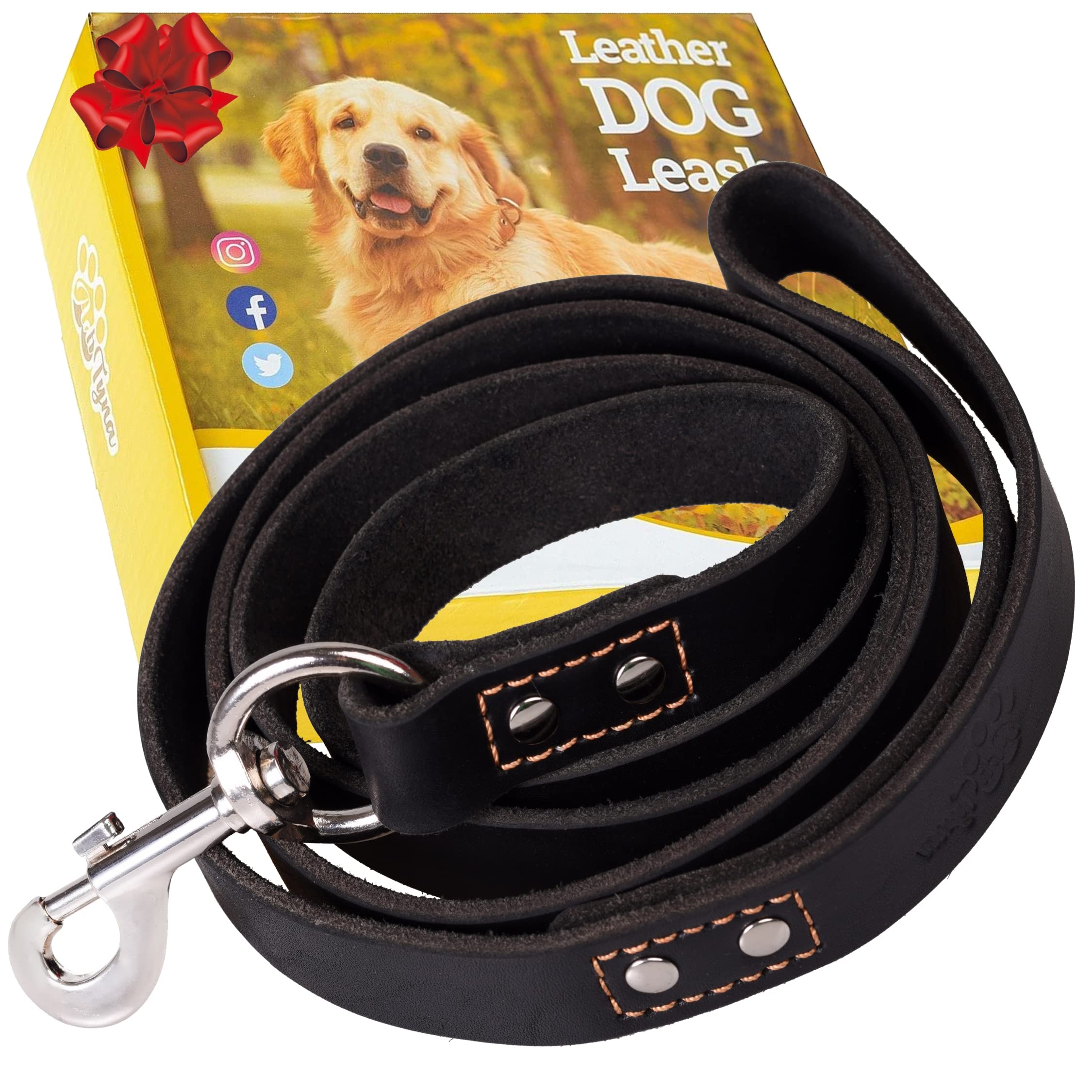 ADITYNA - Heavy Duty Leather Dog Leash 6 Foot - Strong and Soft Leather Leash for Extra Large, Large and Medium Dogs - Dog Training Leash (XL - 6 ft x 1 inch, Black)